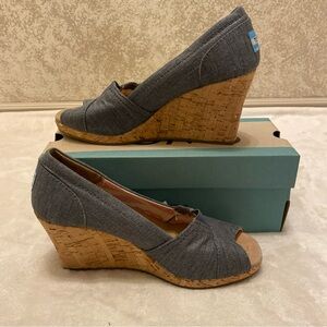 Toms Silver Sparkle Blue Denim Peep Toe Wedges with Cork Heel